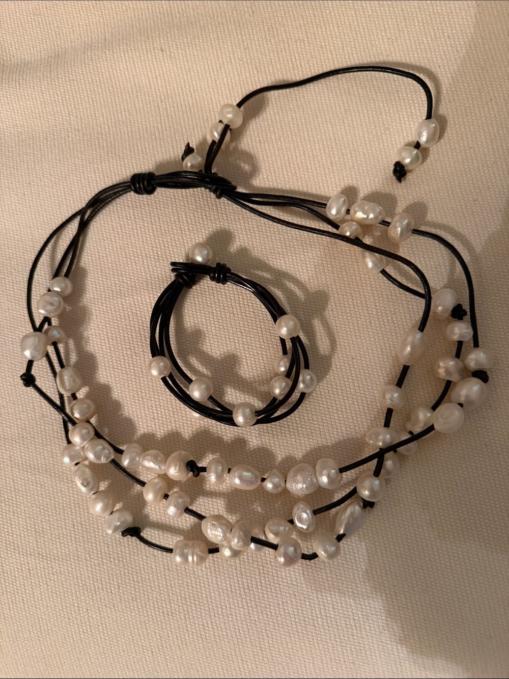 Pearl and Black Cord Necklace & Bracelet Set